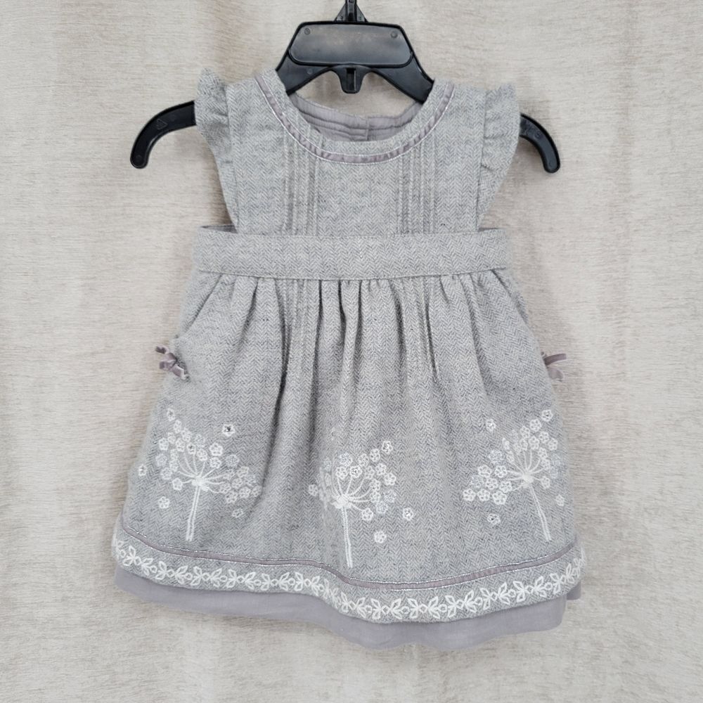 MONSOON Gray Wool Blend Dress with withe embroidery 3-6mo - Picture 4 of 16